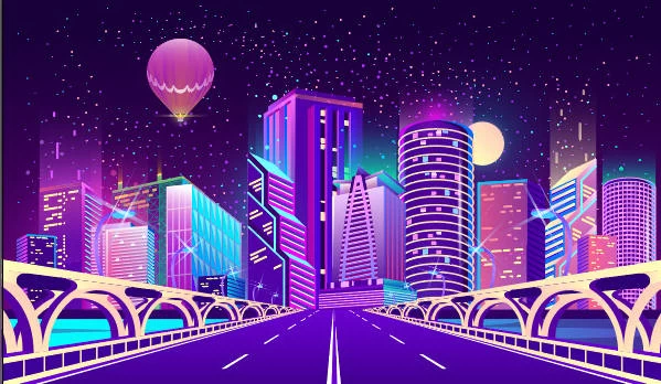 未来科技科幻霓虹灯渐变绚丽城市建筑夜景灯光插画AI/PSD设计素材100套【085】